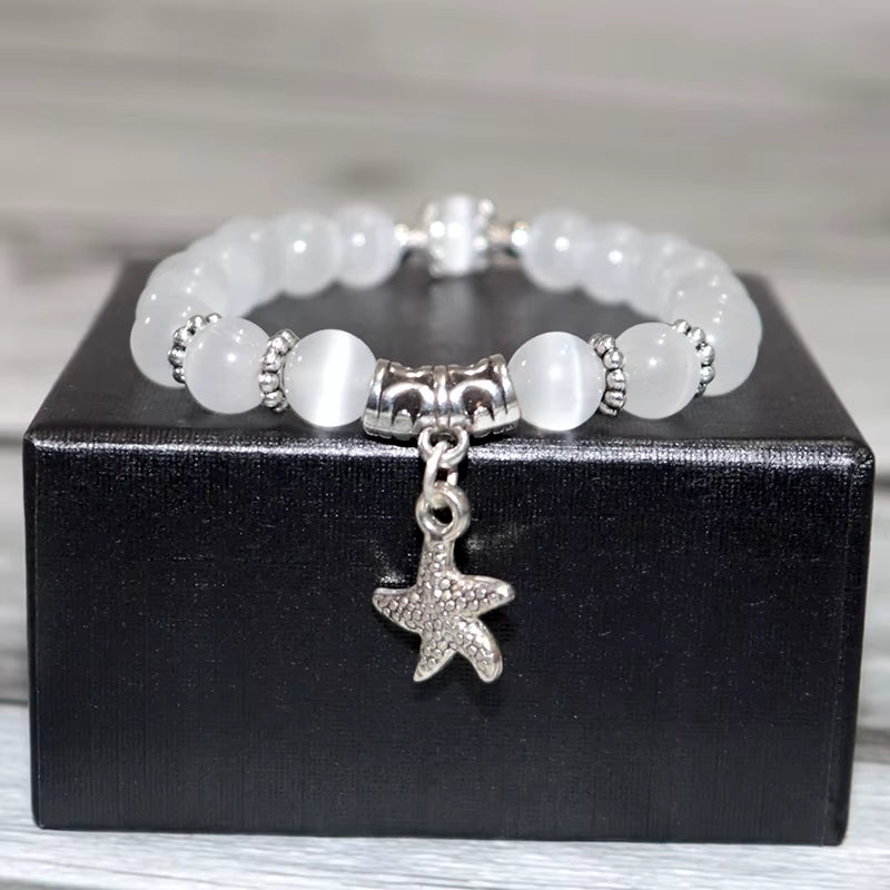 100% Natural Cat Eyes Stone Bracelet for Women Cute Starfish Pendant Braclet Birthday Gift for Girlfriend Moon Beaded Braslet