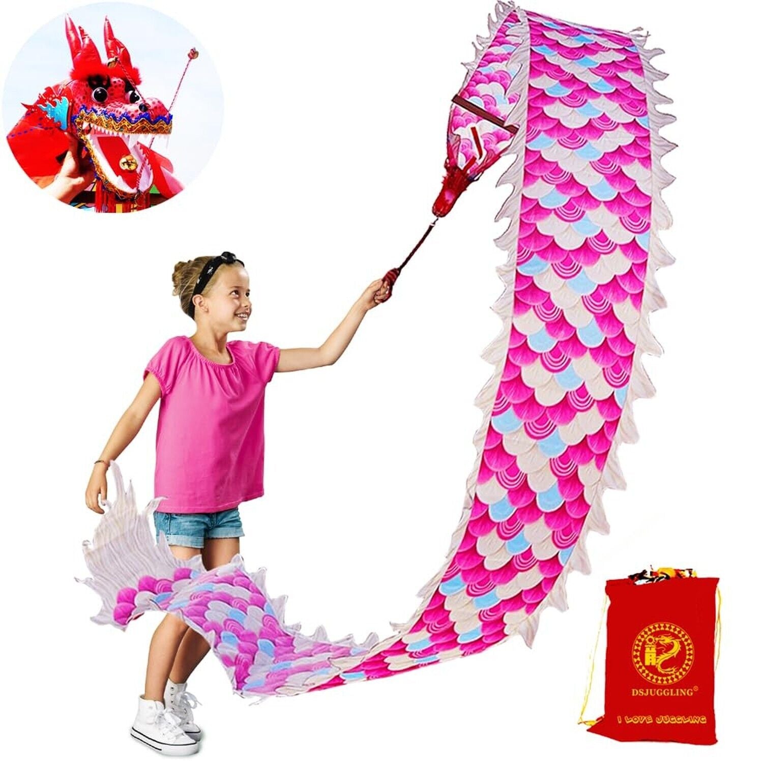 9.8 FT Pink Magic Cloud Dragon Ribbon Poi, 3 Meters Outdoor Dragon Dance Wash...