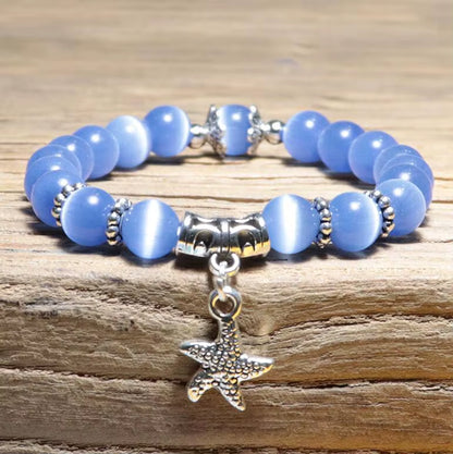 100% Natural Cat Eyes Stone Bracelet for Women Cute Starfish Pendant Braclet Birthday Gift for Girlfriend Moon Beaded Braslet