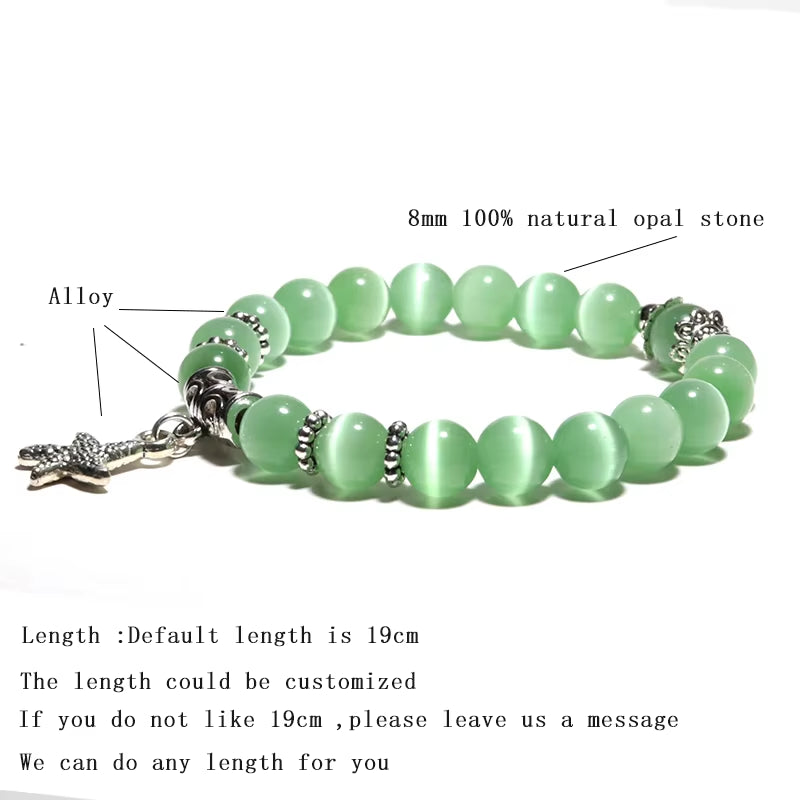 100% Natural Cat Eyes Stone Bracelet for Women Cute Starfish Pendant Braclet Birthday Gift for Girlfriend Moon Beaded Braslet