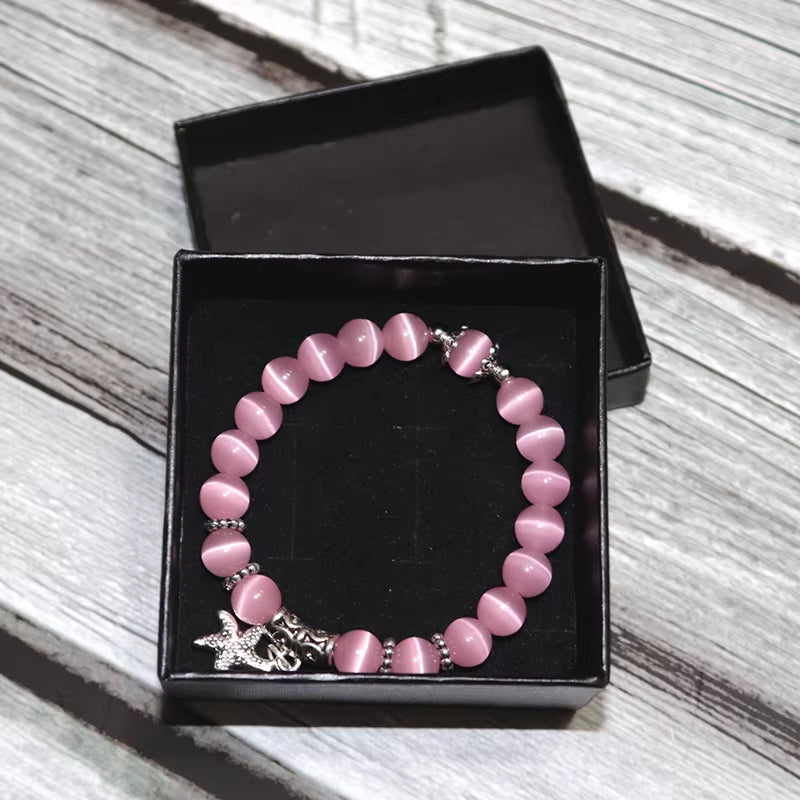 100% Natural Cat Eyes Stone Bracelet for Women Cute Starfish Pendant Braclet Birthday Gift for Girlfriend Moon Beaded Braslet