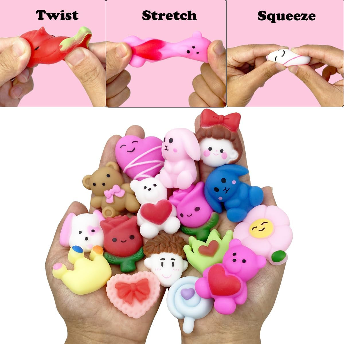 24 PCS Valentines Day Cards with Mochi Squishy Toys Squishies for Kids School Class Classroom Valentines Day Gifts Prizes Party Favors