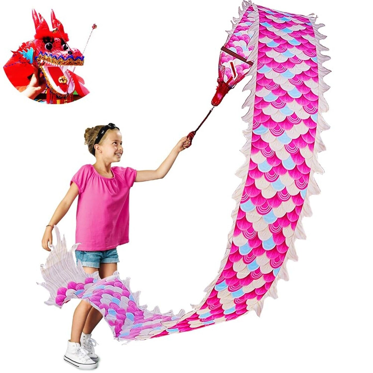 9.8 FT Pink Magic Cloud Dragon Ribbon Poi, 3 Meters Outdoor Dragon Dance Wash...