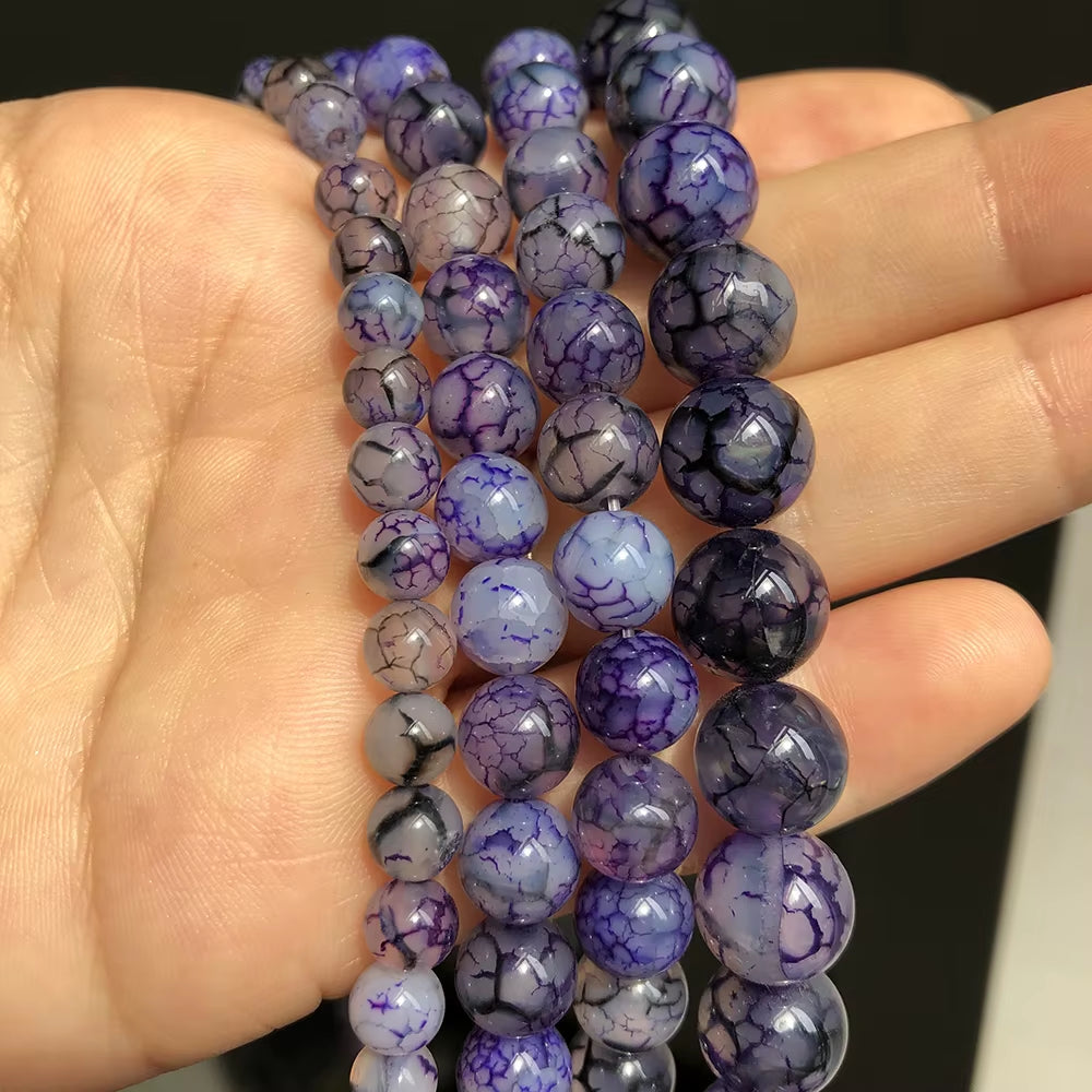 Natural Stone Purple Cracked Dream Fire Dragon Veins Agates Smooth Loose Spacer Beads for Jewelry Making 6/8/10Mm DIY Bracelets